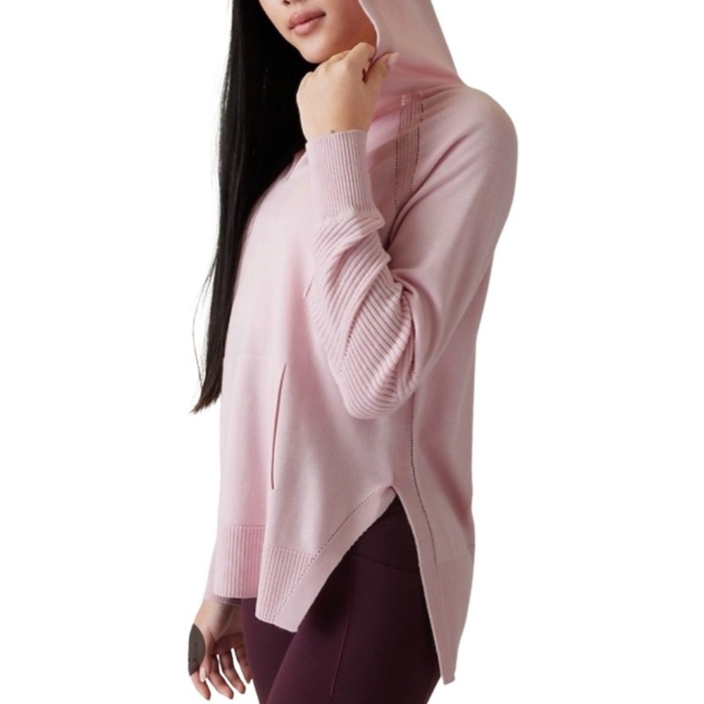 ATHLETA Large Evergreen Sweater Hoodie Pink Knit High Low Pullover Athleisure